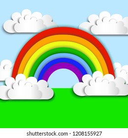  bright rainbow, vector illustration in paper  cut style