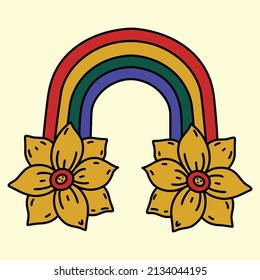 Bright rainbow with yellow daisies vector icon. Hand drawn retro illustration, 70s style. Groove hippie print for decoration, t-shirt design, card, sticker. Cartoon psychedelic clipart. Vintage doodl