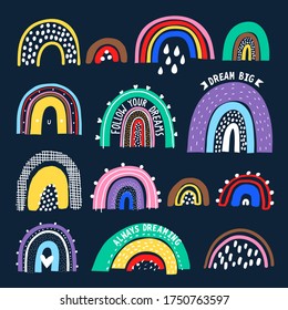 Bright rainbows on a dark background. Cute illustration in hand drawn style for posters, prints, cards, fabric, children's books. Vector illustration.