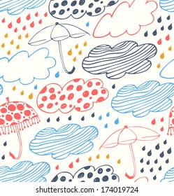 Bright rainy seamless background. Lace pattern with clouds, umbrellas and drops of rain. Cartoon doodle texture with many beauty details