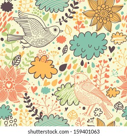 Bright rainy seamless pattern with vintage birds in vector. Seamless pattern can be used for wallpapers, pattern fills, web page backgrounds,surface textures.