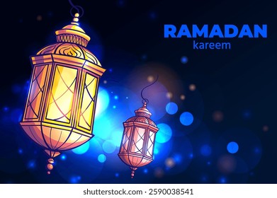 Bright Ramadan lanterns with calligraphy, set against a vibrant blue backdrop, evoking festive spirit.