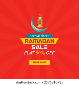 Bright Ramadan Sale banner vector with vibrant colors, featuring a lantern, crescent moon, and bold text. Perfect for promoting festive offers, discounts, and campaigns for stores, brands, or business