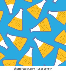 Bright random seamless pattern with yellow flask elements. Blue background. Education science print. Decorative backdrop for wallpaper, textile, wrapping paper, fabric print. Vector illustration.
