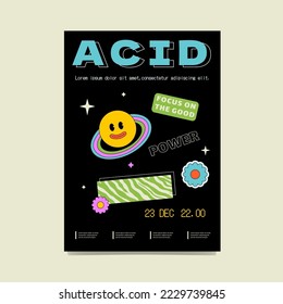 A bright rave poster with a smiling old cartoon planet, inscriptions, colors and textures. Abstract festival print.