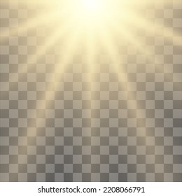 Bright rays of light and sun, spotlights, lighting on a transparent background