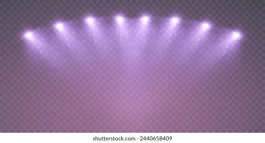 Rayos brillantes de focos de luz parpadeante púrpura. Efecto superpuesto de iluminación para mostrar productos, mercancía, invitaciones, partículas brillantes parpadeantes, punto de luz. Vector