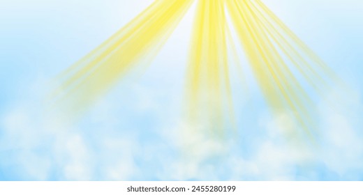 Rayos brillantes del sol sobre el fondo de nubes blancas y cielo azul. Efecto de la luz solar. Ilustración vectorial 3D realista aislada sobre fondo transparente.