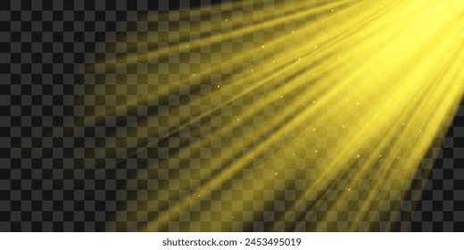 Bright rays of the sun against the blue sky. Sunlight effect. Realistic 3d vector illustration isolated on transparent background.