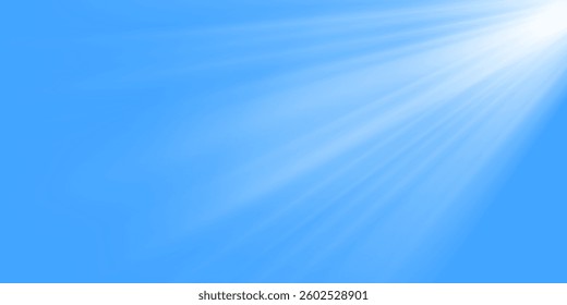 Bright rays of the sun against the blue sky. Sunlight effect. Realistic 3d vector illustration.