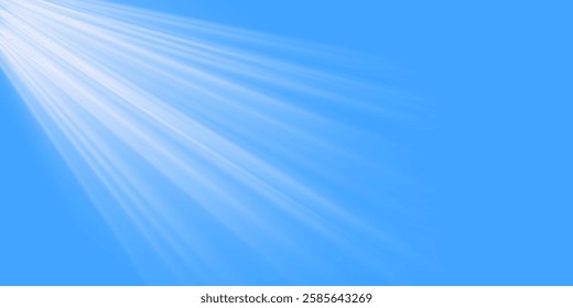 Bright rays of the sun on the background of the blue sky. Sunlight effect. Realistic 3D vector illustration isolated on a transparent background.