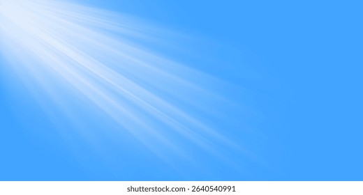 Bright rays of the sun on the background of the blue sky. Sunlight effect. Realistic 3D vector illustration isolated on a transparent background.