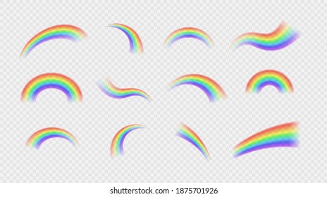 Bright realistic arch rainbows and round halo rainbow. Fantasy symbol of good luck. Natural arcuate phenomenon in the sky. Multicolor circular arc. The symbol of rain, sky, clear, nature. Vector.