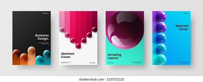 Bright realistic balls leaflet template collection. Unique handbill A4 design vector concept bundle.