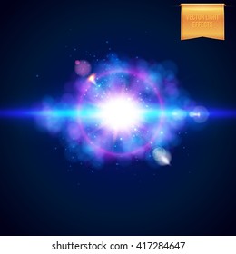 Bright realistic burst of bright blue light with a magenta halo, flare effect, sparkle and streaks over a dark background, vector illustration