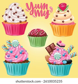 Bright, realistic cupcakes with various fillings assortment set isolated 