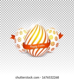 Bright realistic eggs with an orange ribbon on a transparent background. Isolated eggs for easter cards, banners, posters, cover design templates. Stock vector illustration. 