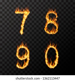 Bright realistic fire flames in 7 8 9 0 letters shape, hot font concept on transparent background