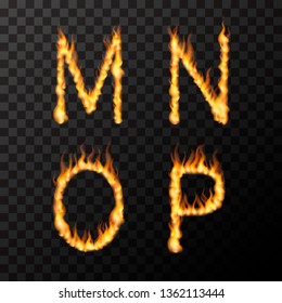 Bright realistic fire flames in M N O P letters shape, hot font concept on transparent background