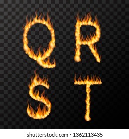 Bright realistic fire flames in Q R S T letters shape, hot font concept on transparent background
