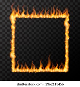 Bright realistic fire flames in square frame shape, hot love concept on transparent background