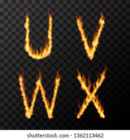 Bright realistic fire flames in U V W X letters shape, hot font concept on transparent background