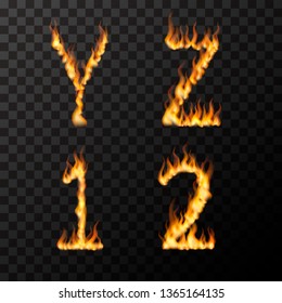 Bright Realistic Fire Flames In Y Z 1 2 Letters Shape, Hot Font Concept On Transparent Background