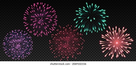 Bright realistic fireworks on dark transparent background. Festive celebration salute and flashes in sky for new year or independence day. 3d vector illustration