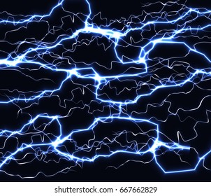 Bright realistic flash of lightning in the black sky, abstract vector background shining lightnings crossing each other. Unusual texture of electric rays and high voltage illustration