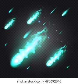 Bright realistic flying blue fireball, meteorite or comet with transparency isolated on checkered vector background. Special light effects for design and decoration. Fireball easy to use.