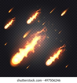 Bright realistic flying fireball, meteorite or comet with transparency isolated on checkered vector background. Special light effects for design and decoration. Fireball easy to use.