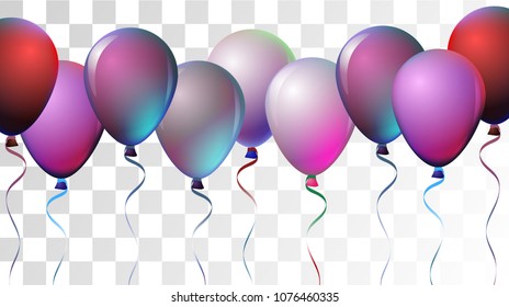 Bright Realistic Helium Vector Balloons Falling. Happy Birthday, New Year Party Decoration. Neon Modern Holidays Decoration, Air Helium Balloons. Celebration, Music Poster Discount Card Cool Design