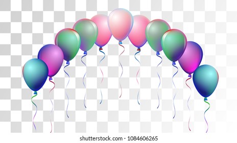 Bright Realistic Helium Vector Balloons Flying. Happy Birthday, New Year Party Decoration. Funky Modern Holidays Decoration, Air Helium Balloons. Celebration, Music Poster, Discount Card Design.