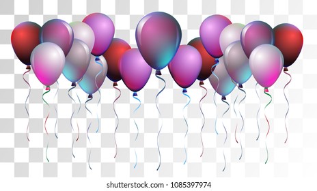 Bright Realistic Helium Vector Balloons Flying. Happy Birthday, New Year Party Ornament. Neon Modern Holidays Decoration, Air Helium Balloons. Celebration, Music Poster, Discount Card Design.
