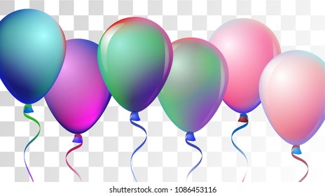 Bright Realistic Helium Vector Balloons Flying. Happy Birthday, New Year Party Ornament. Funky Modern Holidays Decoration, Air Helium Balloons. Celebration, Music Poster Discount Card Cool Design