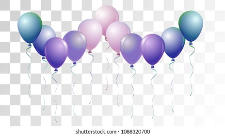 Bright Realistic Helium Vector Balloons Flying. Happy Birthday, New Year Party Decoration. Funky Hipster Holidays Background, Air Helium Balloons. Celebration, Music Poster Discount Card Cool Design
