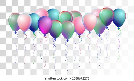Bright Realistic Helium Vector Balloons Flying. Happy Birthday, New Year Party Ornament. Neon Modern Holidays Decoration, Air Helium Balloons. Celebration, Music Poster, Discount Card Cool Decor