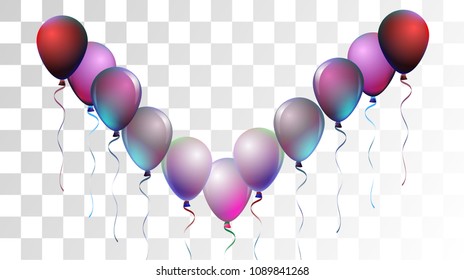 Bright Realistic Helium Vector Balloons Falling. Happy Birthday, New Year Party Ornament. Neon Modern Holidays Decoration, Air Helium Balloons. Celebration, Music Poster, Discount Card Cool Decor