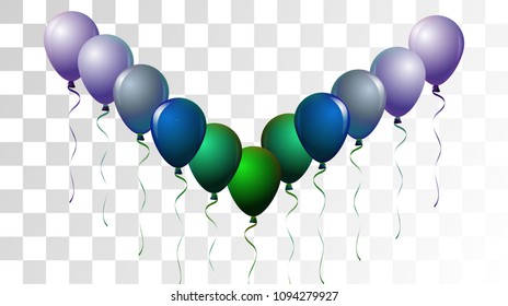 Bright Realistic Helium Vector Balloons Flying. Happy Birthday, New Year Party Confetti. Funky Hipster Holidays Decoration, Air Helium Balloons. Celebration, Music Poster Discount Card Cool Design