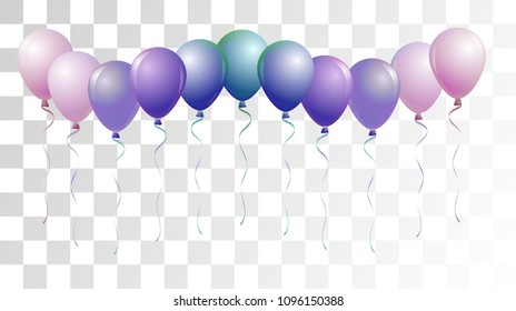 Bright Realistic Helium Vector Balloons Flying. Happy Birthday, New Year Party Ornament. Neon Modern Holidays Decoration, Air Helium Balloons. Celebration, Music Poster Discount Card Cool Elements.