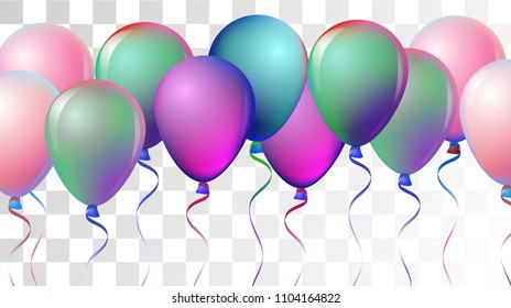 Bright Realistic Helium Vector Balloons Flying. Happy Birthday, New Year Party Ornament. Neon Modern Holidays Decoration, Air Helium Balloons. Celebration, Music Poster, Discount Card Element.