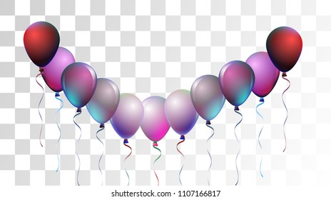 Bright Realistic Helium Vector Balloons Falling. Happy Birthday, New Year Party Background. Neon Modern Holidays Decoration, Air Helium Balloons. Celebration, Music Poster, Discount Card Element.