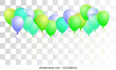 Bright Realistic Helium Vector Balloons Flying. Happy Birthday, New Year Party Ornament. Funky Hipster Holidays Decoration, Air Helium Balloons. Celebration, Music Poster, Discount Card Design.