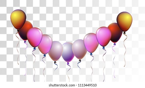 Bright Realistic Helium Vector Balloons Flying. Happy Birthday, New Year Party Background. Funky Modern Holidays Decoration, Air Helium Balloons. Celebration, Music Poster, Discount Card Design.