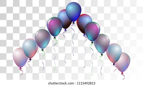 Bright Realistic Helium Vector Balloons Flying. Happy Birthday, New Year Party Decoration. Neon Modern Holidays Decoration, Air Helium Balloons. Celebration, Music Poster Discount Card Cool Design
