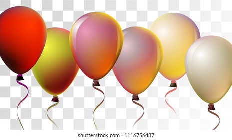 Bright Realistic Helium Vector Balloons Falling. Happy Birthday, New Year Party Background. Funky Hipster Holidays Background, Air Helium Balloons. Celebration, Music Poster, Discount Card Element.