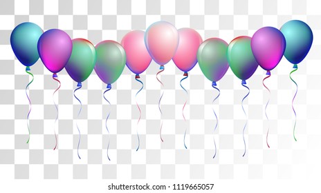 Bright Realistic Helium Vector Balloons Flying. Happy Birthday, New Year Party Background. Neon Modern Holidays Decoration, Air Helium Balloons. Celebration, Music Poster, Discount Card Design.