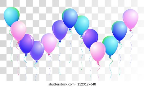 Bright Realistic Helium Vector Balloons Flying. Happy Birthday, New Year Party Ornament. Funky Modern Holidays Decoration, Air Helium Balloons. Celebration, Music Poster, Discount Card Design.