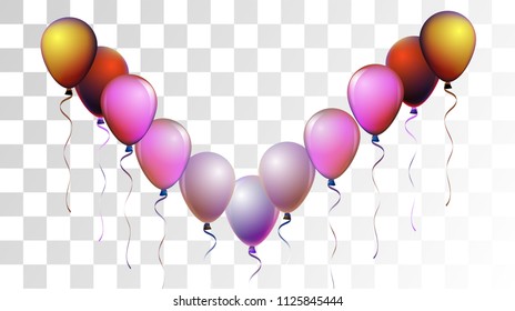 Bright Realistic Helium Vector Balloons Falling. Happy Birthday, New Year Party Confetti. Funky Modern Holidays Decoration, Air Helium Balloons. Celebration, Music Poster, Discount Card Element.