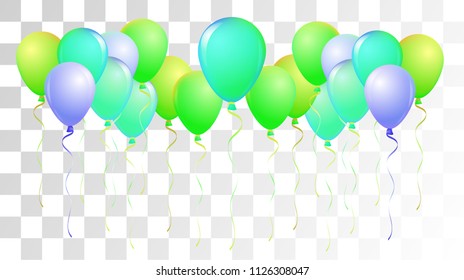 Bright Realistic Helium Vector Balloons Falling. Happy Birthday, New Year Party Confetti. Funky Modern Holidays Decoration, Air Helium Balloons. Celebration, Music Poster, Discount Card Element.